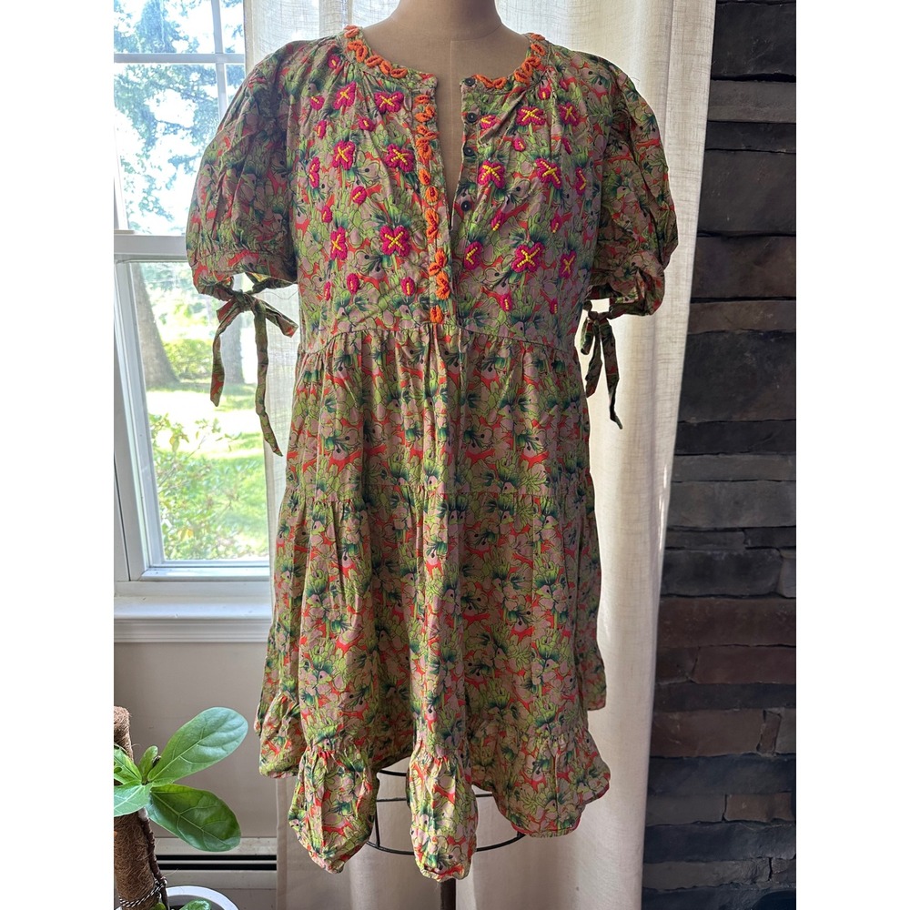 Roopa Pemmaraju Floral Embroidered Cotton Tiered Mini Dress Green Orange XL